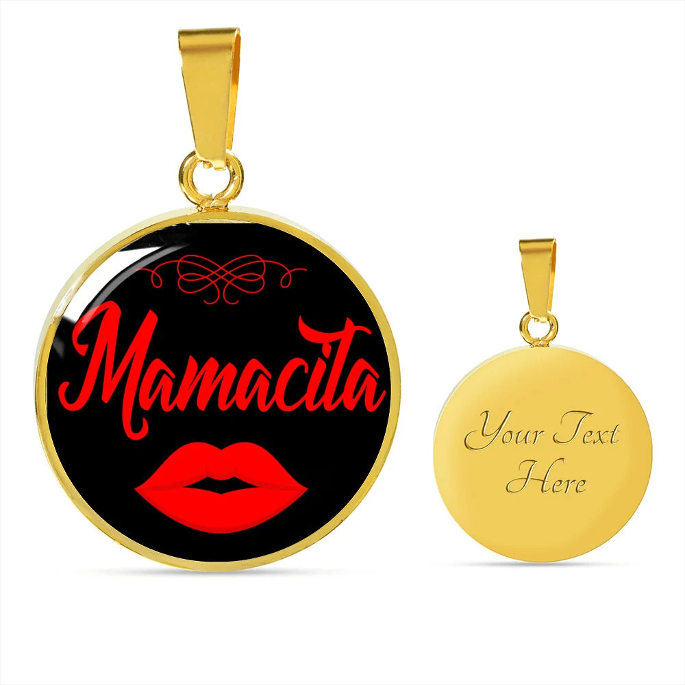 Mamacita Red Lips Necklace Spanish Hot Mama Personalized Engraved Gold Circle N